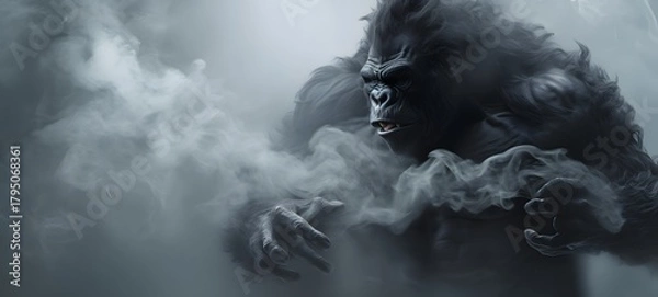Fototapeta a light demonic gorilla , coming out of the smoke,generative AI