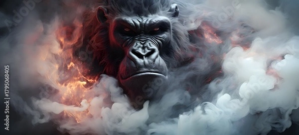 Fototapeta a light demonic gorilla , coming out of the smoke,generative AI