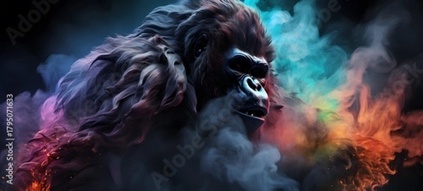 Fototapeta a light demonic gorilla , coming out of the smoke,generative AI