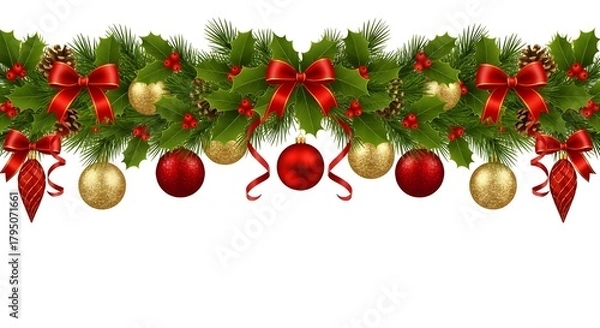 Fototapeta Festive Christmas Garland Border with Holly and Ornaments