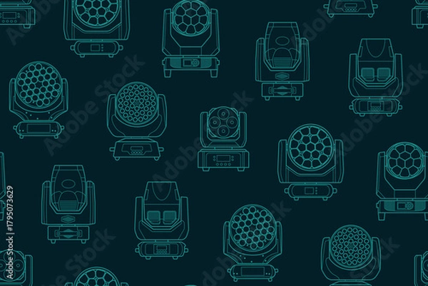 Fototapeta Seamless pattern of professional stage moving head lights illustrated in a clean linear style on a dark background, perfect for lighting design, event production, and technical backgrounds.