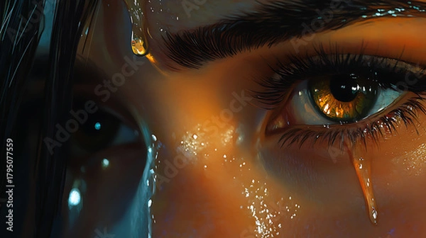 Obraz Close-up of teary eyes with glistening lashes under cinematic lighting 