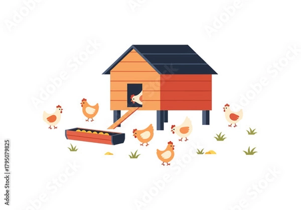 Obraz Cartoon illustration of a wooden chicken coop with several chickens and a feeder