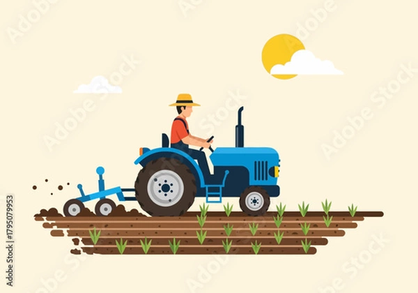 Obraz Farmer driving a blue tractor tilling brown soil with small green sprouts
