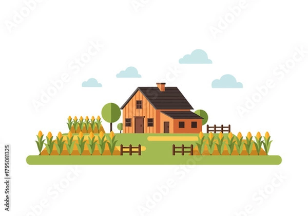 Obraz Flat illustration of a wooden farmhouse surrounded by cornfields and green hills
