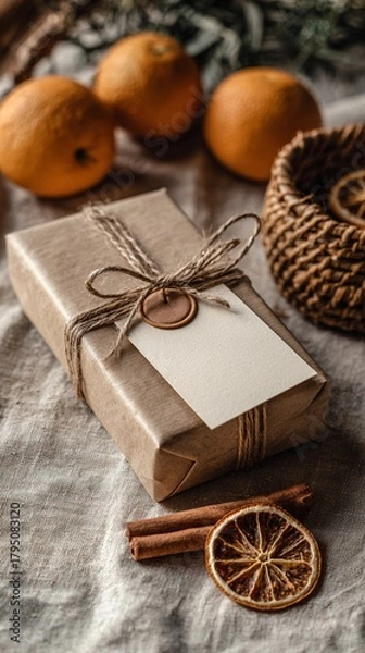 Fototapeta A beautifully wrapped gift sits on a textured surface, surrounded by fragrant oranges and rustic decor, evoking a warm, cozy atmosphere perfect for the holidays.
