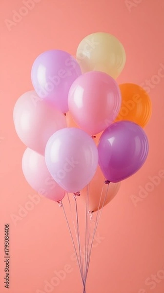 Fototapeta Colorful balloons in various pastel shades float gracefully against a soft peach background, creating a playful and cheerful atmosphere perfect for celebrations or decoration.