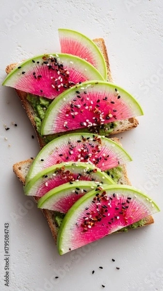 Fototapeta Fresh, vibrant watermelon radish slices atop toasted bread with creamy avocado spread and a sprinkle of colorful seeds create a visually stunning, healthy snack or brunch option.
