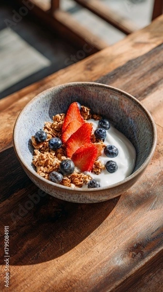 Fototapeta A healthy breakfast bowl featuring creamy yogurt topped with fresh strawberries, blueberries, and crunchy granola, set against a rustic wooden background.