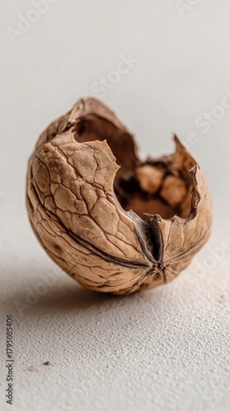 Fototapeta A close-up of a cracked walnut shell showcasing its intricate texture and natural patterns, perfect for culinary or organic lifestyle themes in stock photography collections.