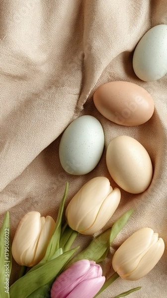 Fototapeta Colorful easter eggs resting on soft fabric alongside delicate tulips create a serene spring atmosphere, perfect for holiday-themed projects and seasonal celebrations.