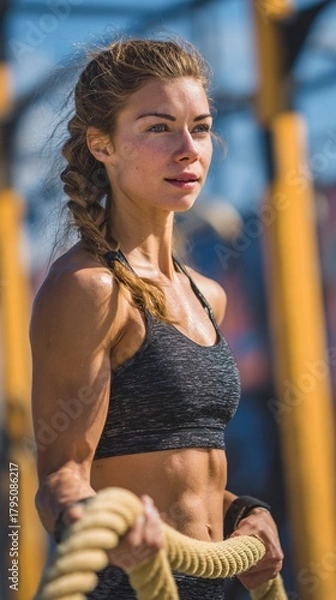 Fototapeta Focused and determined, this athlete showcases strength and resilience while using battle ropes in a dynamic outdoor training setting, embodying fitness and motivation.