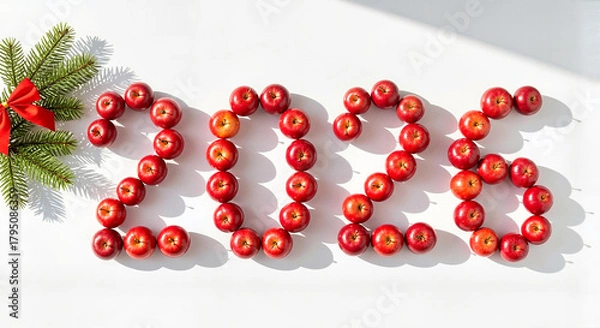 Fototapeta Red apples arranged to form the year 2026 with holiday decorations,  for festive promotions, catering, and seasonal marketing 