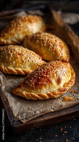 Fototapeta Golden-brown baked empanadas fresh out of the oven, sprinkled with sesame seeds, resting on a wooden board lined with parchment paper, ready to be served.