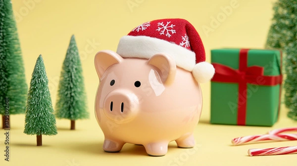 Obraz Piggy Bank with Festive Party Hat, Christmas Trees, Gift Box, and Candy Canes on Beige Background