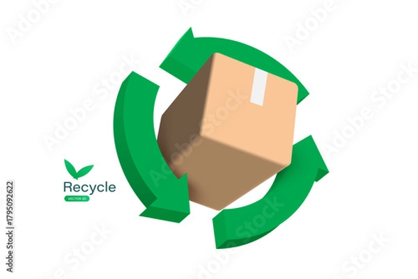 Fototapeta Green recycle logo or icon circle around a cardboard box or paper box to promote the Global Recycling Day waste separation campaign, vector 3d illustration isolated on white background for design