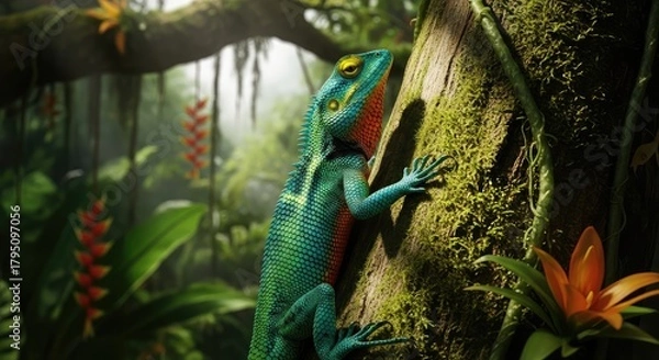 Obraz green chameleon on a branch