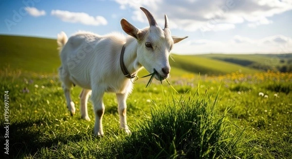 Obraz A playful goat eating fresh grass in a sunny pasture.