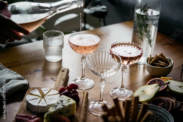 Fototapeta Pouring rose wine with classic snacks of cheese, bread and olives. Party or anniversary celebration.