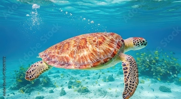 Obraz A sea turtle swimming gracefully in clear blue ocean water.