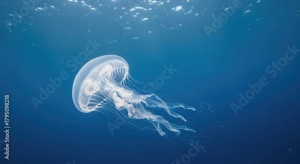 Obraz A translucent jellyfish floating gracefully in deep blue ocean water.