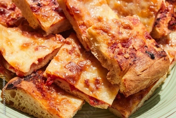 Fototapeta A plate of snack-sized Roman-style pizza pieces, sometimes called cuts or slices