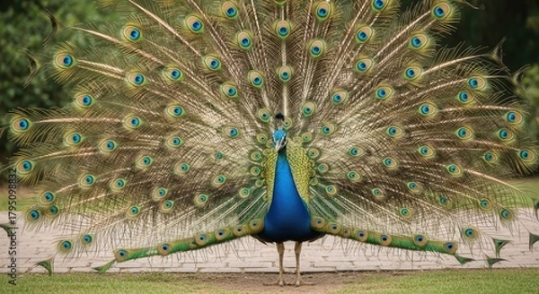 Obraz A colorful peacock displaying its feathers in a garden