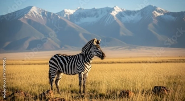Obraz A zebra standing on the grassland with mountains in the background