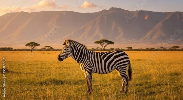 Obraz A zebra standing on the grassland with mountains in the background