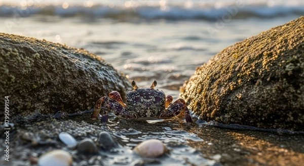 Obraz A crab hiding among rocks near the ocean shore.