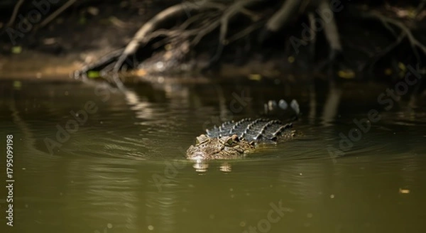 Obraz A crocodile swimming silently in murky water near the shore.