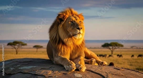 Obraz A powerful lion resting on a rock in the savanna