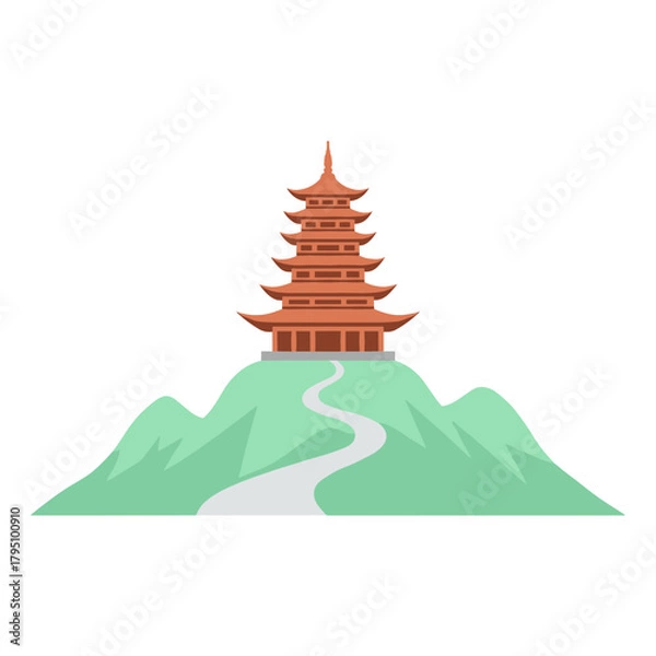 Fototapeta A flat landscape illustration of a traditional Asian multi-tiered pagoda on a mountain. A simple path leads to it. Transparent background.