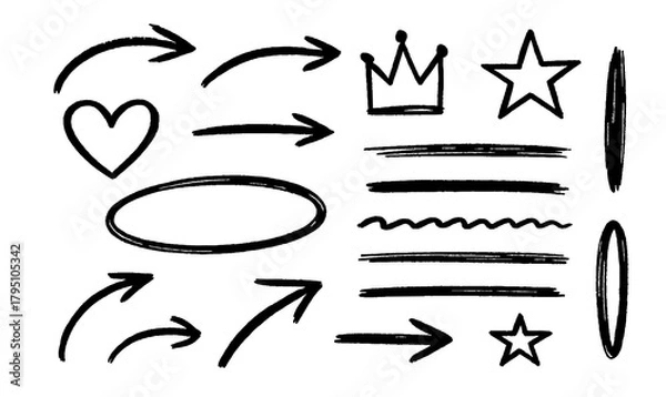 Obraz Hand Drawn Arrows, Symbols, and Scribble Lines Set – Doodle Illustration Elements