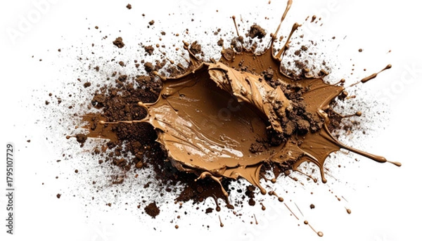 Obraz Overhead shot of a brown liquid splash amidst dark soil and light particulate matter