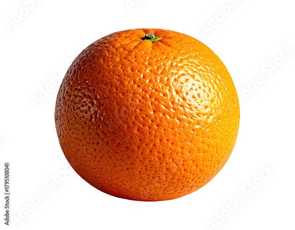 Fototapeta Vivid, isolated close-up of a perfectly round, textured orange fruit with green stem