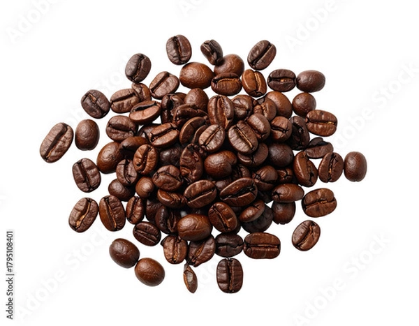 Fototapeta A close-up, top-down view of roasted coffee beans scattered on a solid black background