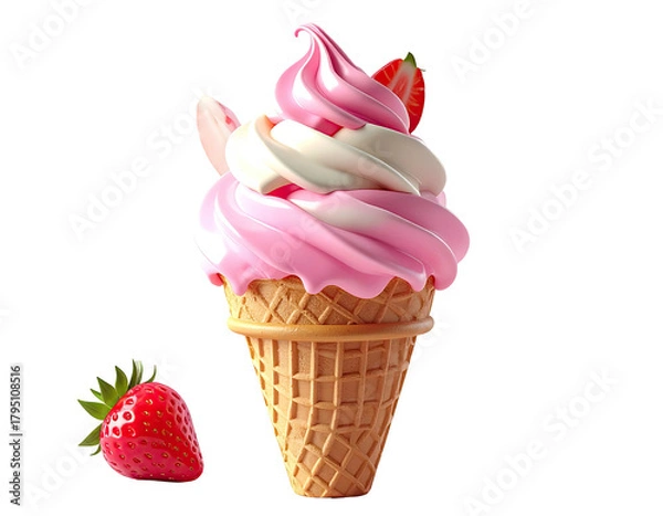 Fototapeta Swirled pink and white ice cream cone with strawberries, isolated on black background