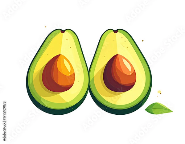 Fototapeta A cartoon illustration of two avocado halves with seeds, and a single leaf on a black background