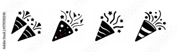 Obraz Set of party popper icons with confetti and stars for celebration design