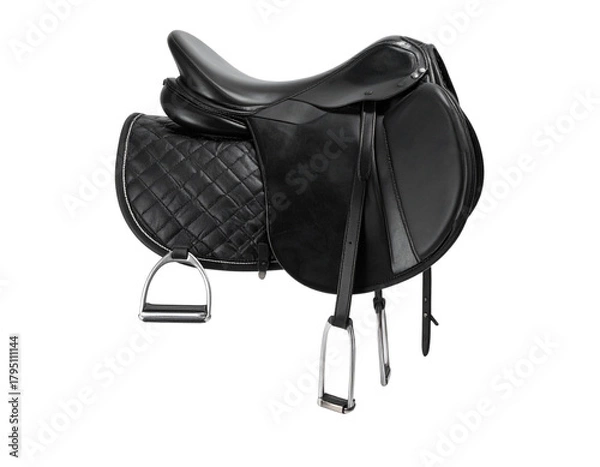 Fototapeta Minimalist Black Leather Saddle on Invisible Stand, Three-Quarter Angle, Transparent Background