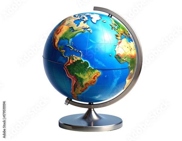 Fototapeta Cassic Blue Earth Globe on Tilted Stand, Isolated on Transparent Background