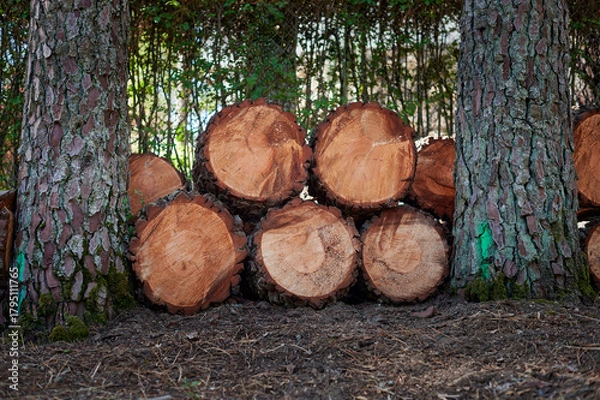 Fototapeta Cut logs are grouped and stacked inside a forest as part of a sustainable timber industry. The scene represents responsible forestry practices and environmental awareness in natural resource use.
