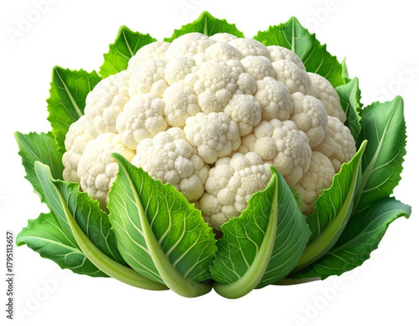 Fototapeta  Fresh Whole Cauliflower with Leaf Crown, Isolated on Transparent Background, Generative AI