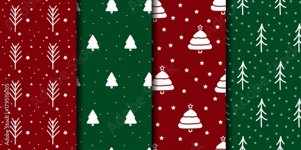 Fototapeta A set of vector seamless patterns featuring festive winter illustrations of hand-drawn Christmas trees with snow, on traditional green and red backgrounds. Suitable for printing, packaging, textiles
