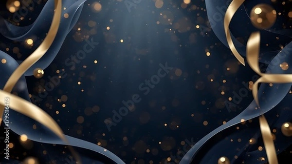Fototapeta Elegant dark blue backdrop with flowing ribbons and golden orbs creating a festive atmosphere