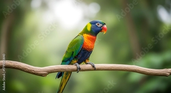 Fototapeta Rainbow lorikeet perched on branch colorful parrot avian wildlife tropical bird watching photography