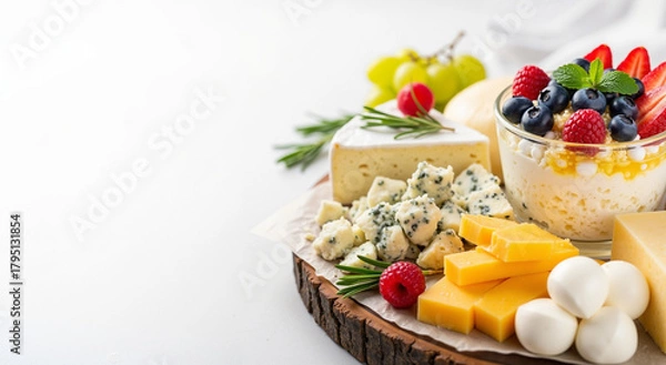 Obraz Food photography. A beautifully arranged selection of delicious cheeses and a healthy cottage cheese dessert with berries, with space for text.
