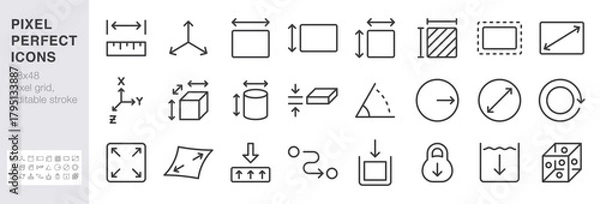 Fototapeta Measurement and dimension line icon set. Ruler, 3D axis, width, height, diameter minimal vector illustrations. Simple outline signs for geometry size tools. 48x48 Pixel Perfect Editable Stroke