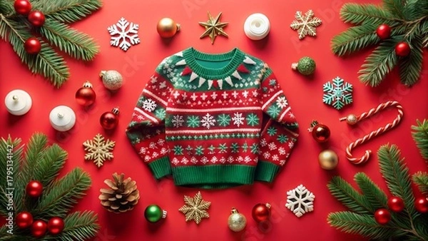 Obraz Ugly christmas sweater with ornaments and pine branches on red background